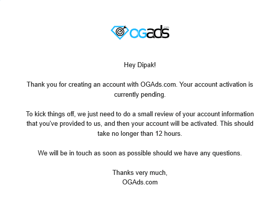 OGAds account registration confirmation email