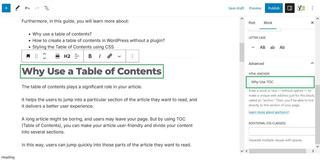 Adding HTML anchor text in WordPress for TOC